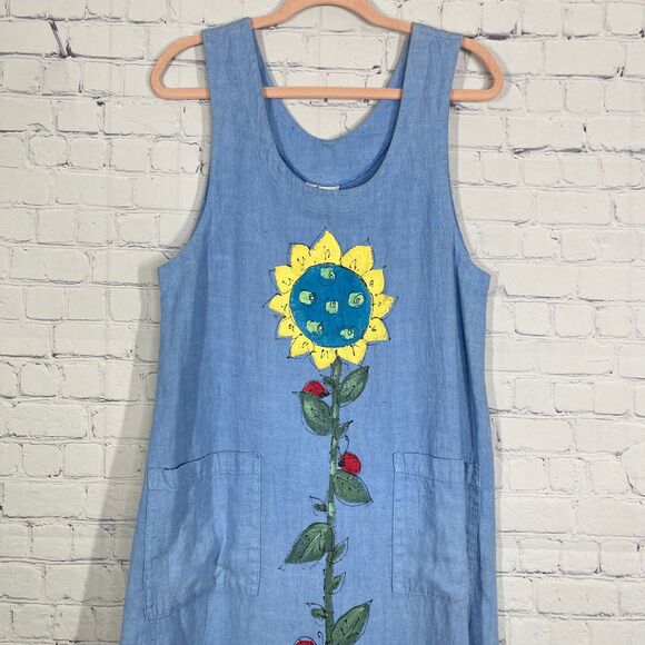 Mishi Maxi Linen Dress Women Small Chambray Hand Painted Artsy Pockets Boho - Picture 7 of 14